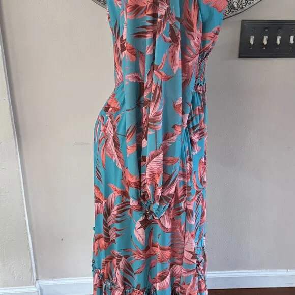 Bohme Maxi Tropical Aqua Print Knit Tiered Dress M - Picture 3 of 13